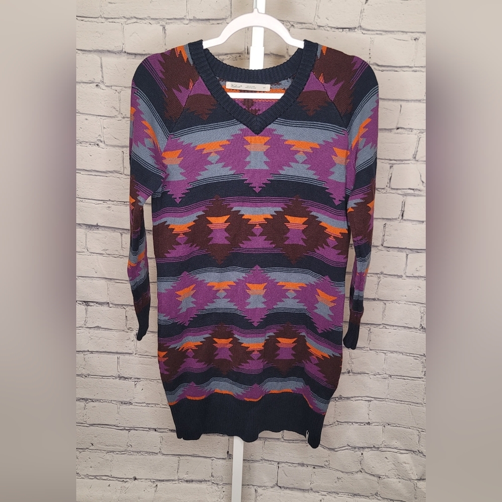 Woolrich Aztec Print Long Sleeve V-Neck Sweater Dress Size Small